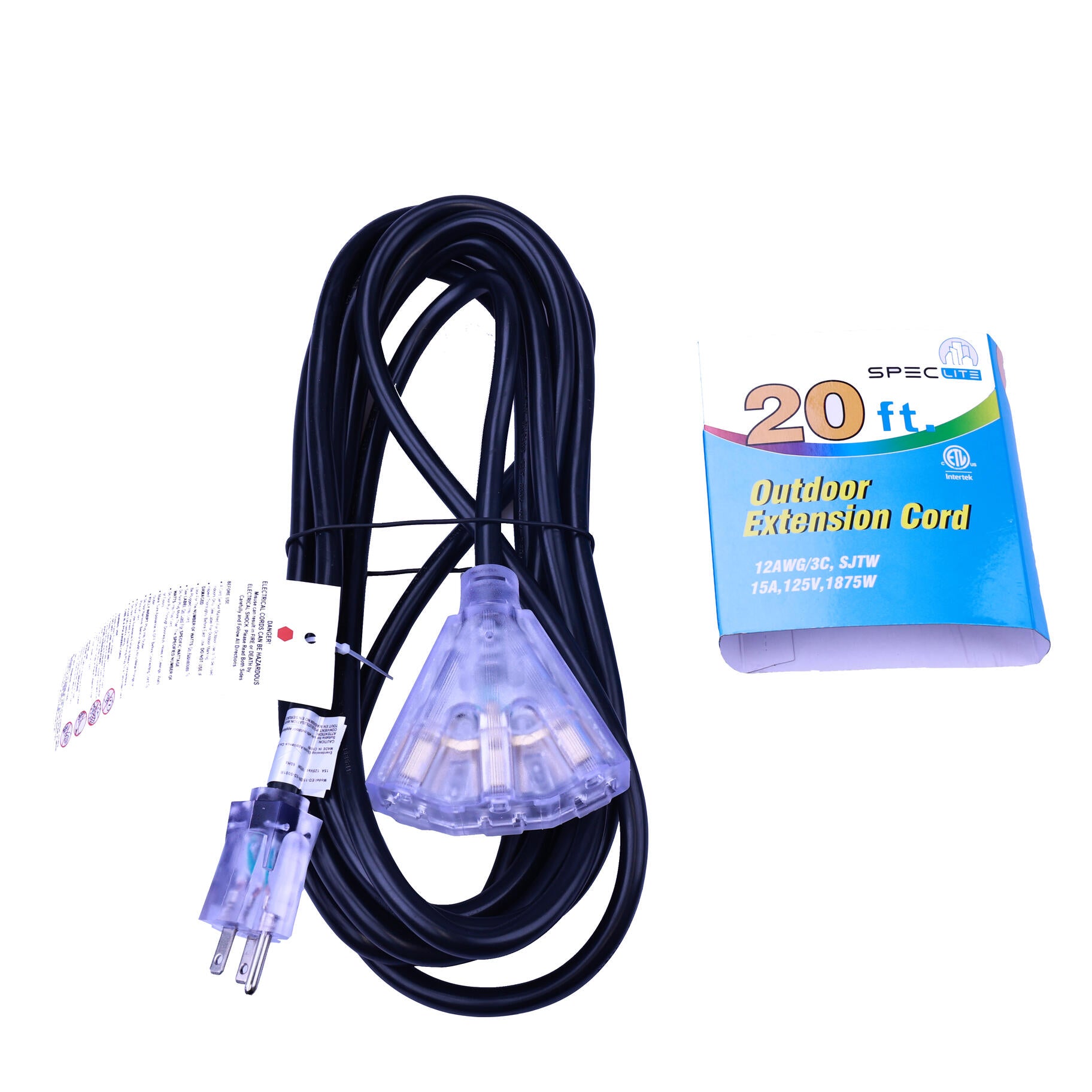 Rallonge noire de 6 m 12/3 125V 15A 1875W tri-tap éclairé