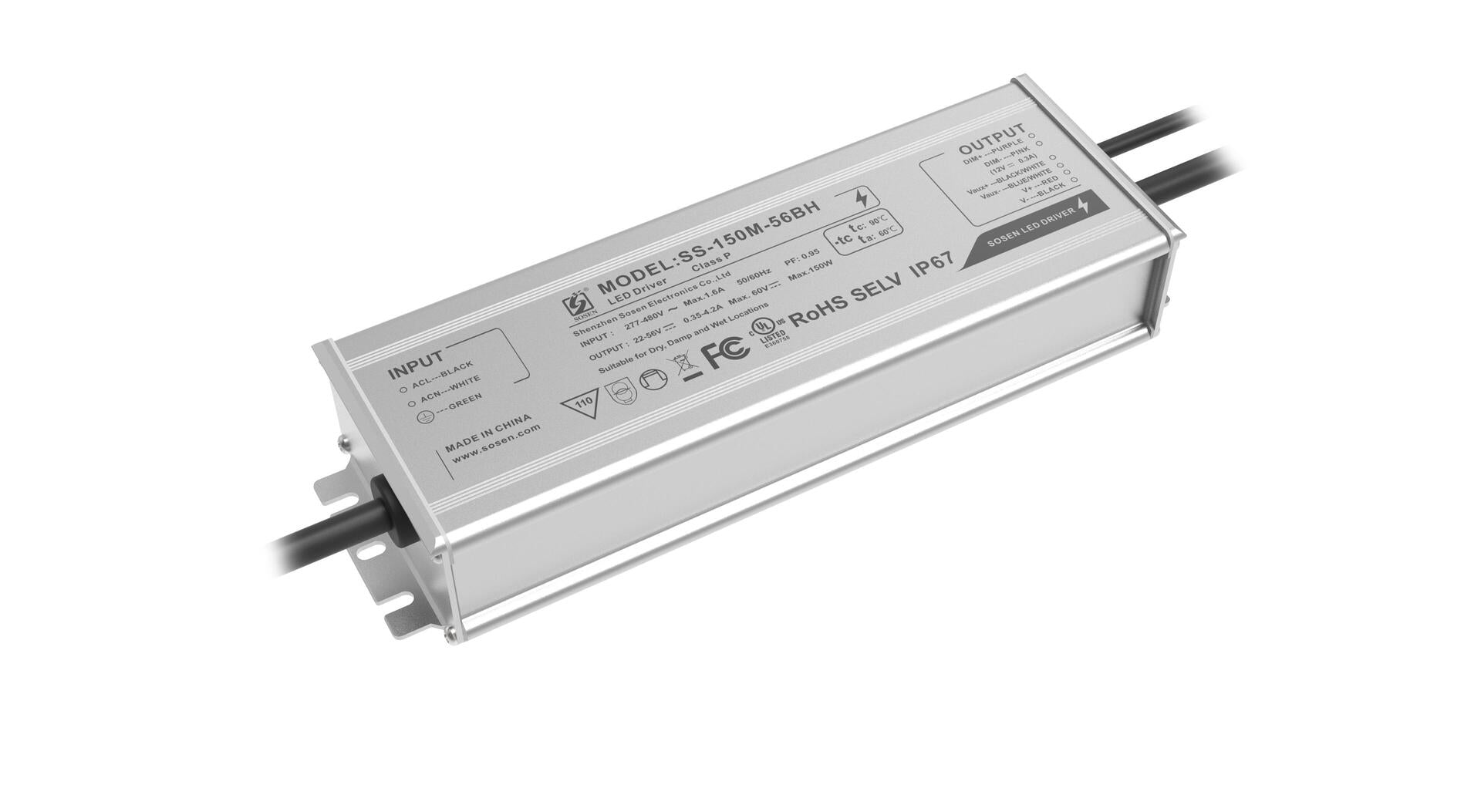 Driver LED Sosen 277-480 V CA 22-56 V CC 150 W 1,6 A 12 V CC Gradable 0-10 V CC UL