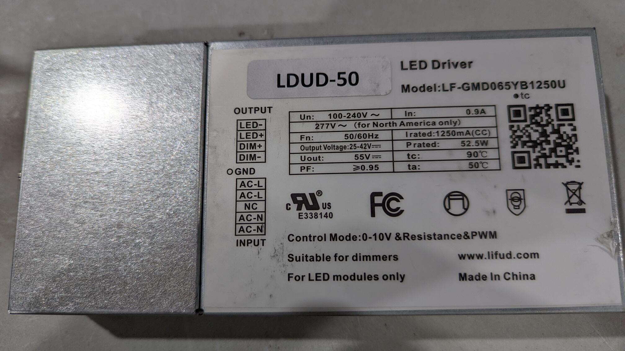 LED Driver Lifud 100-277VAC 25-42VDC 52W 1.25A Dimmable 1-10VDC