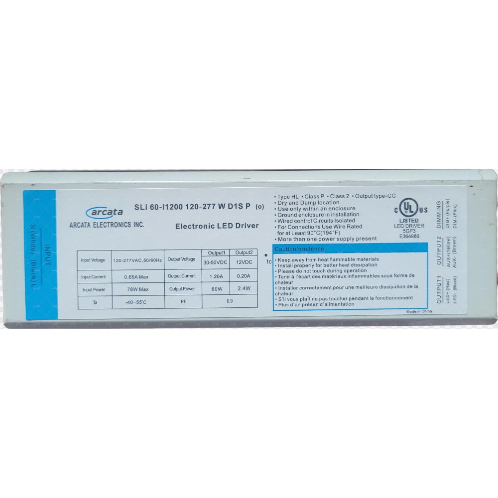 Boîtier LED Arcata 120-277 V CA 30-50 V CC 60 W max. 1,20 A gradable 0-10 V CC UL Sec et humide