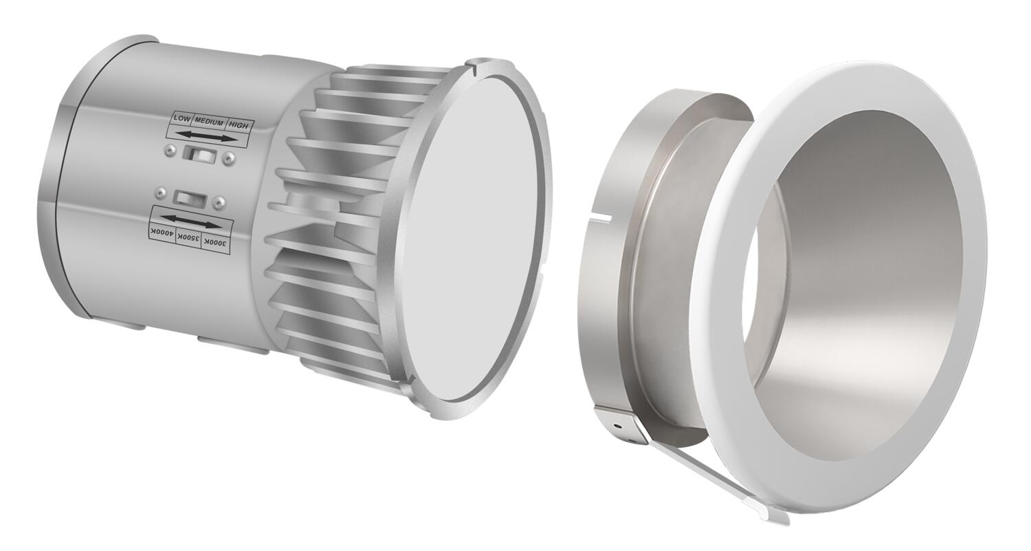 Spot encastrable divisé 10 cm, 40-34-27 W, 120-347 V, 30-35-40 K, argent givré, intensité variable 0-10 V