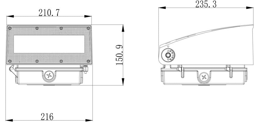Wall pack full cutoff 80-70-60W 120-347V 30-40-50K bronze clear 120 deg. DC12V int. photo.