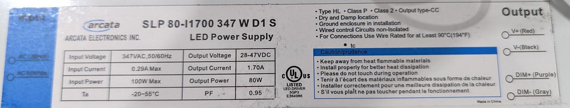 LED Driver Arcata 347VAC 28-47VDC 80W 1.70A Dimmable 1-10VDC UL Dry and Damp