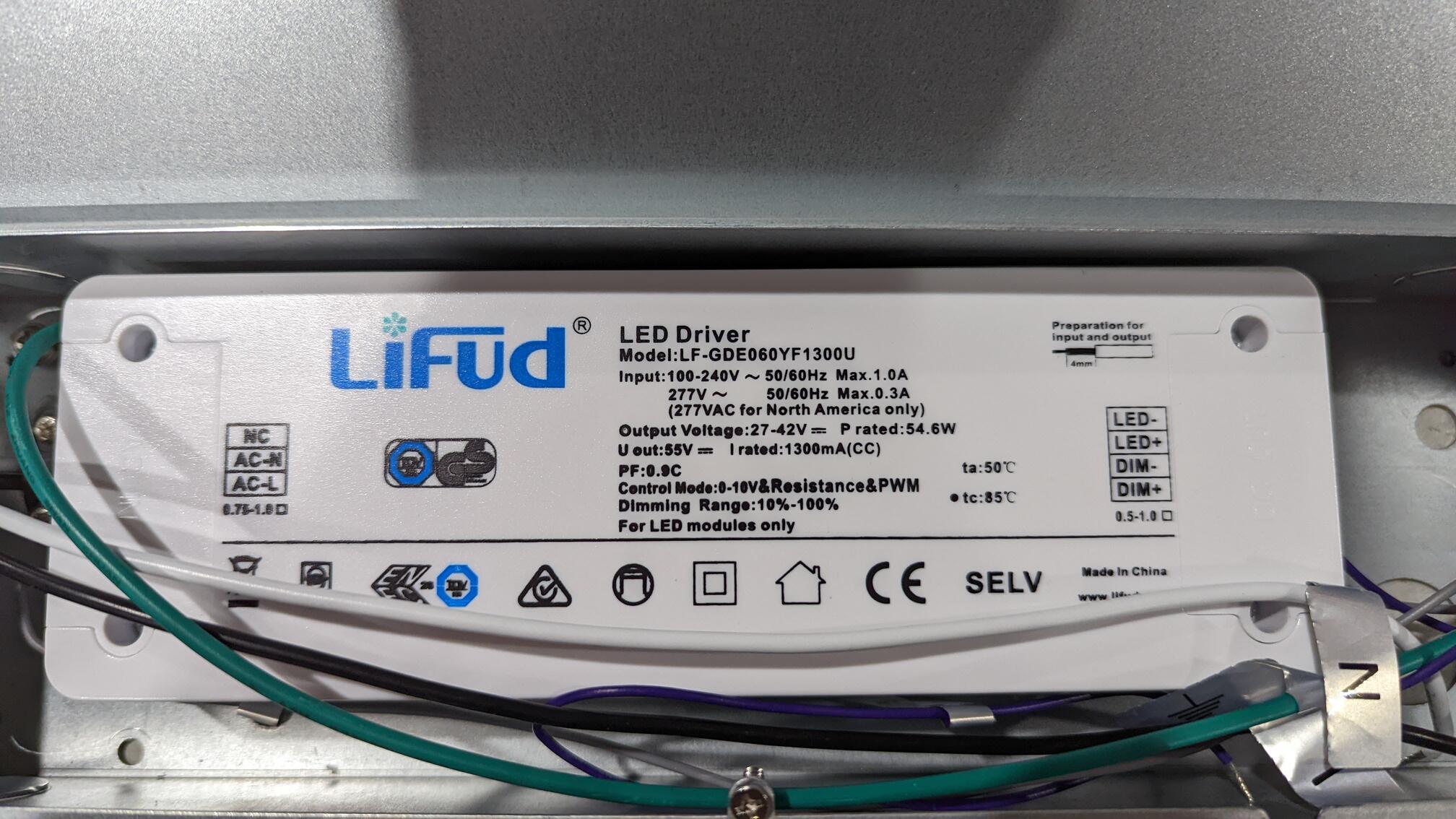 LED Driver Lifud 100-277VAC 27-42VDC 54.5W 1.00A Dimmable 1-10VDC IP20