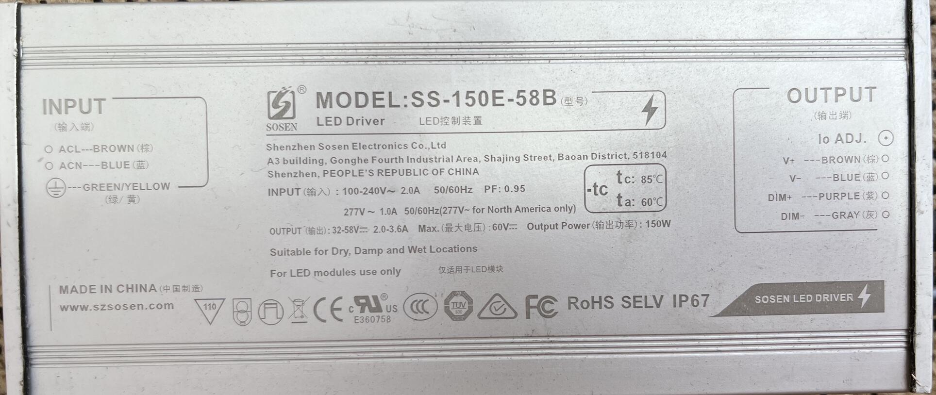 LED Driver Sosen 100-277VAC 32-58VDC 150W 3.60A Dimmable 1-10VDC IP67
