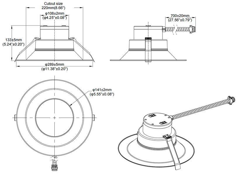 Downlight 10“ 40-30-25W 120-347V 27-30-35-40-50K white frost dimmable TRIAC & 0-10V