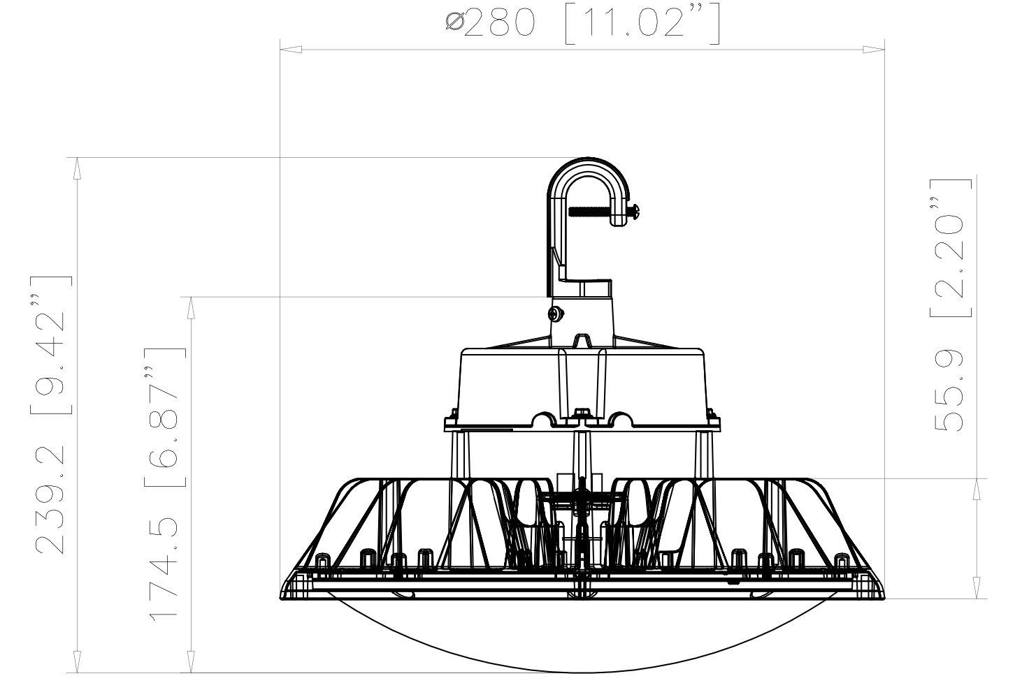 UFO highbay dome V2 240-200-150W 120-347V 50K black frost 90 deg. motion base dim 0-10V