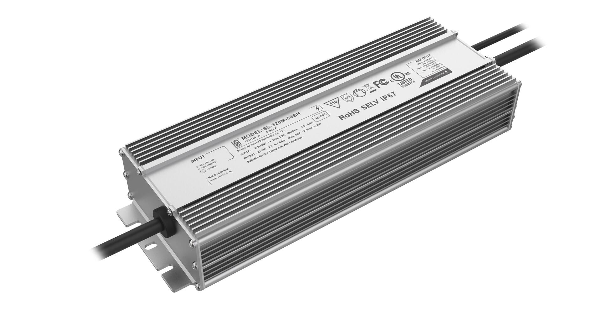 LED DRIVER SOSEN 277-480VAC 22-56VDC 300W 1.8A 12VDC DIMMABLE 0-10VDC UL