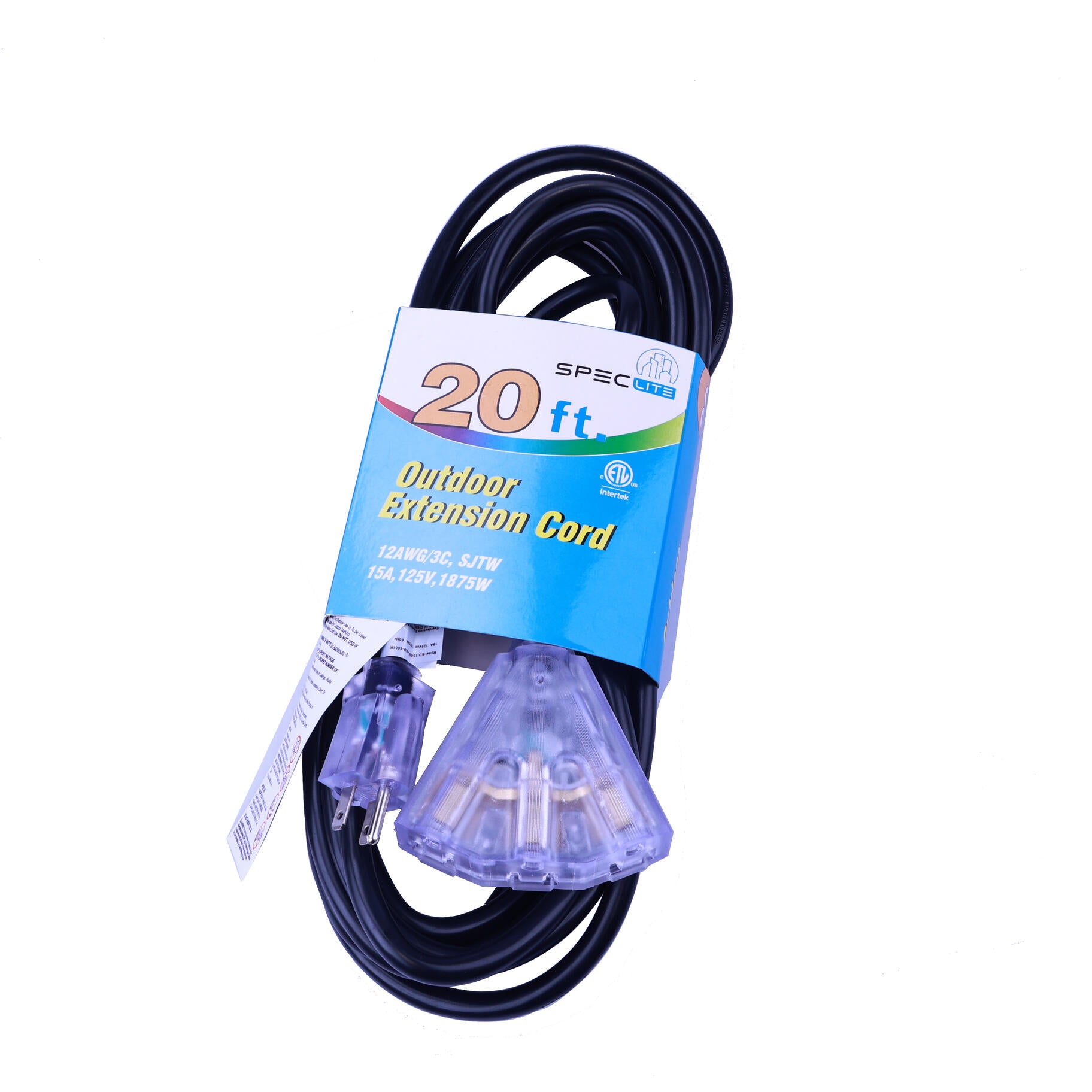 Work Light Accessories - 20ft black extension cord 12/3 125V 15A 1875W tri-tap lighted