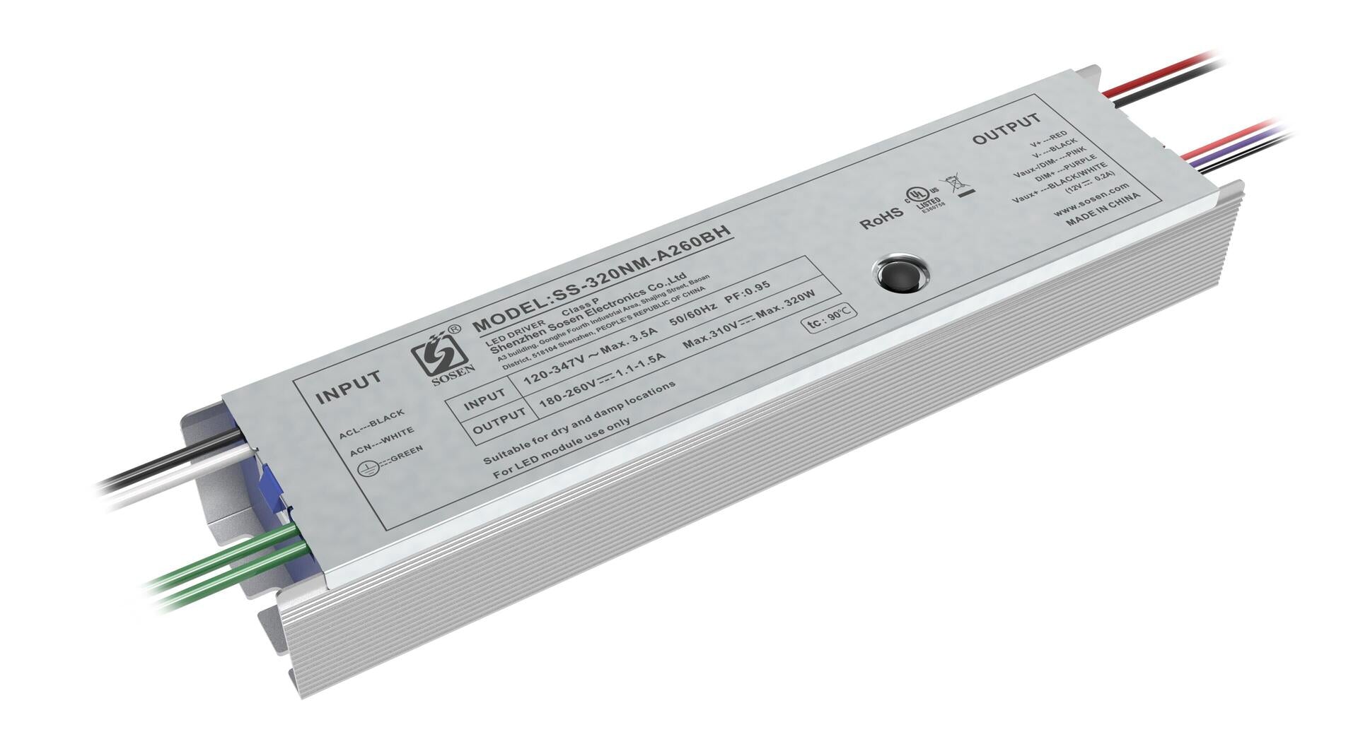 LED DRIVER SOSEN 120-347VAC 180-260VDC 300W 3.5A 12VDC DIMMABLE 0-10VDC UL