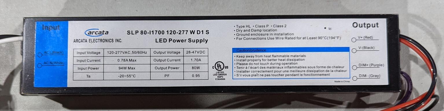 Pilote LED Arcata 120-277 VCA 28-47 VCC 80 W, 1,70 A, intensité variable 1-10 VCC, UL, sec et humide