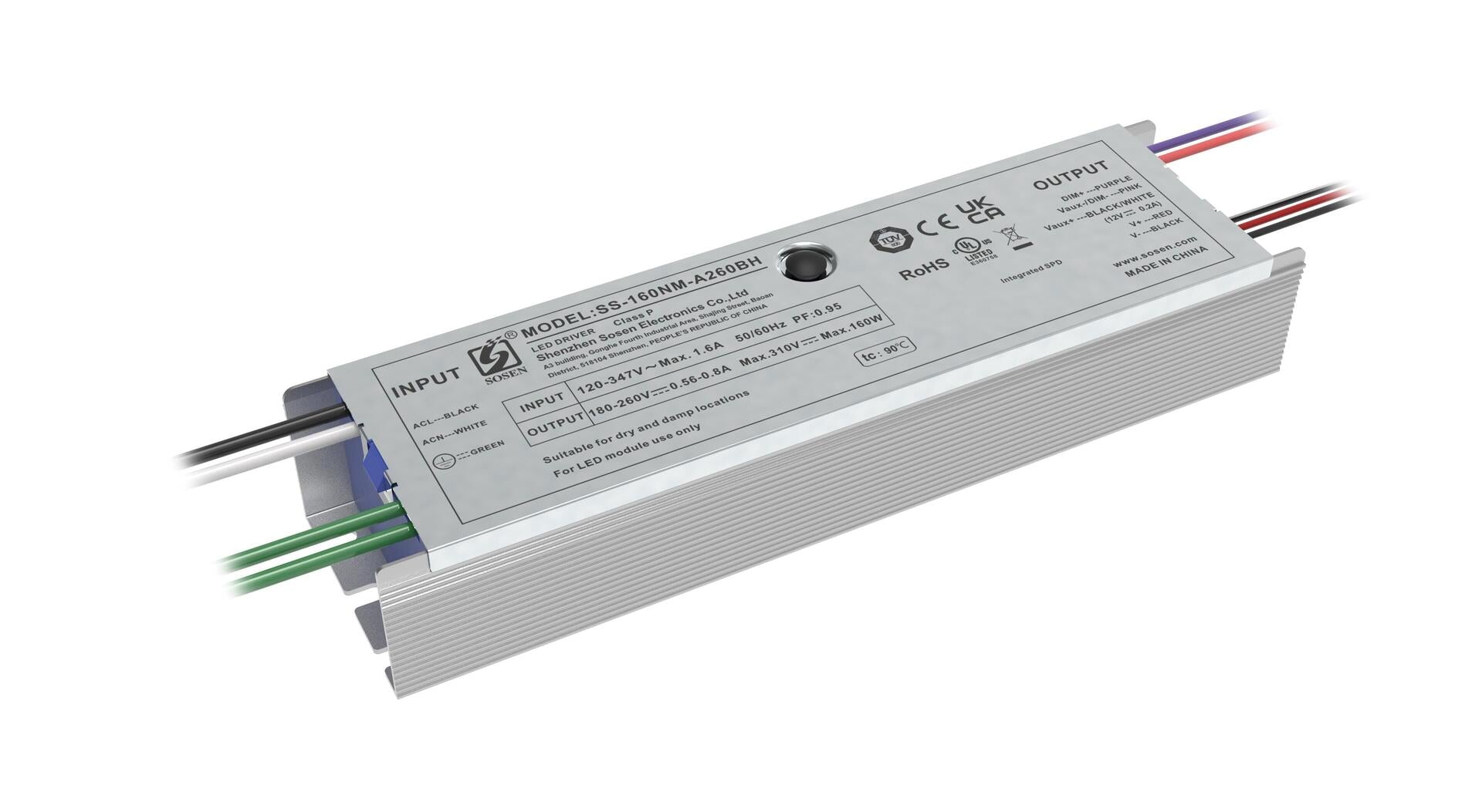 Driver LED Sosen 120-347 V CA 180-260 V CC 150 W 1,6 A 12 V CC Gradable 0-10 V CC UL