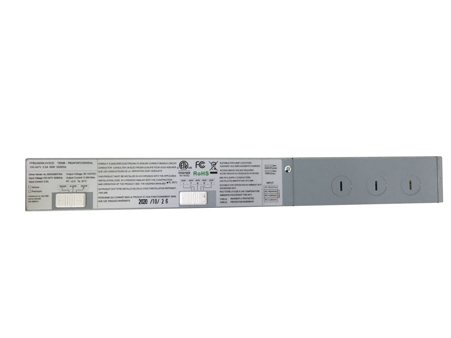 Driver LED Alite 100-347 VCA 80-140 VCC 50 W 0,36 A Gradable 1-10 VCC Longueur 450 mm