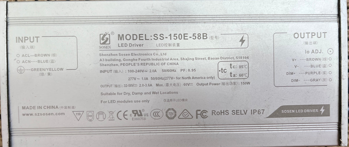 LED Driver Sosen 100-277VAC 32-58VDC 150W 3.60A Dimmable 1-10VDC IP67