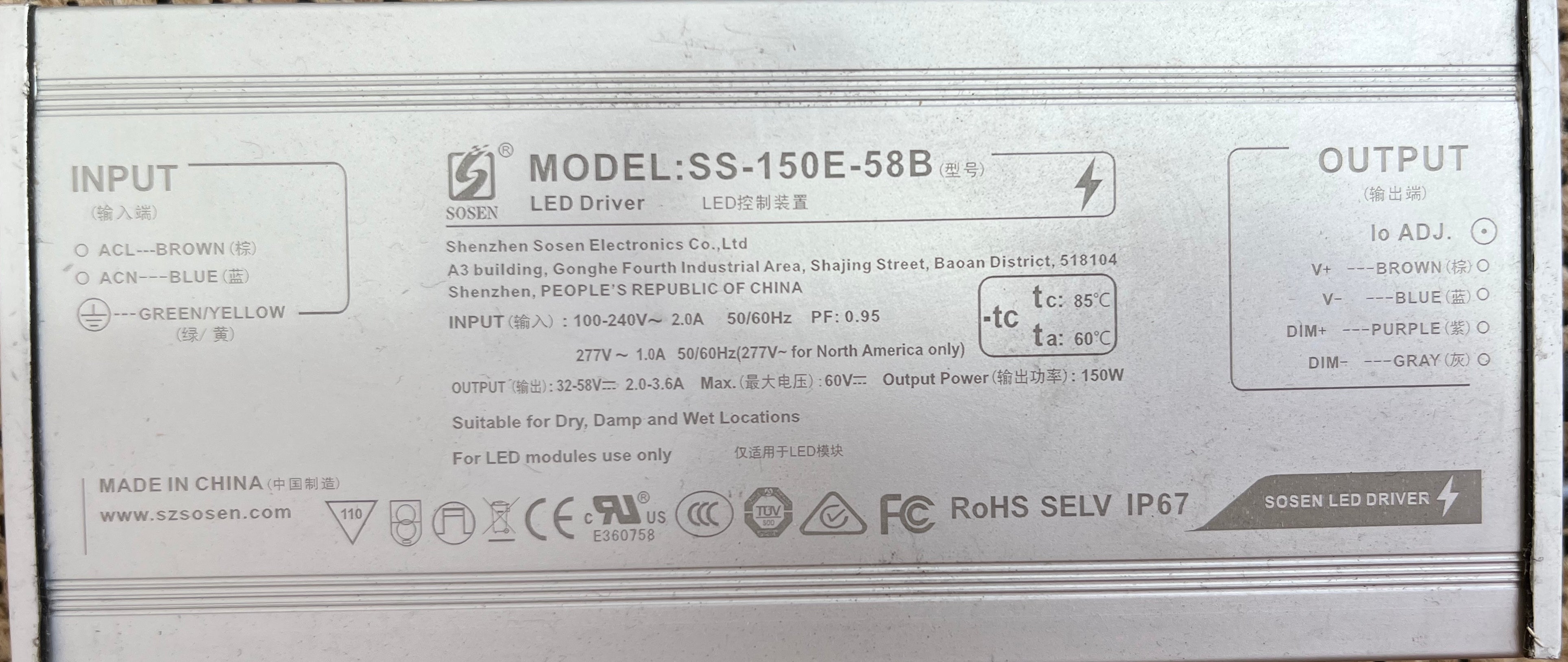 LED Driver Sosen 100-277VAC 32-58VDC 150W 3.60A Dimmable 1-10VDC IP67