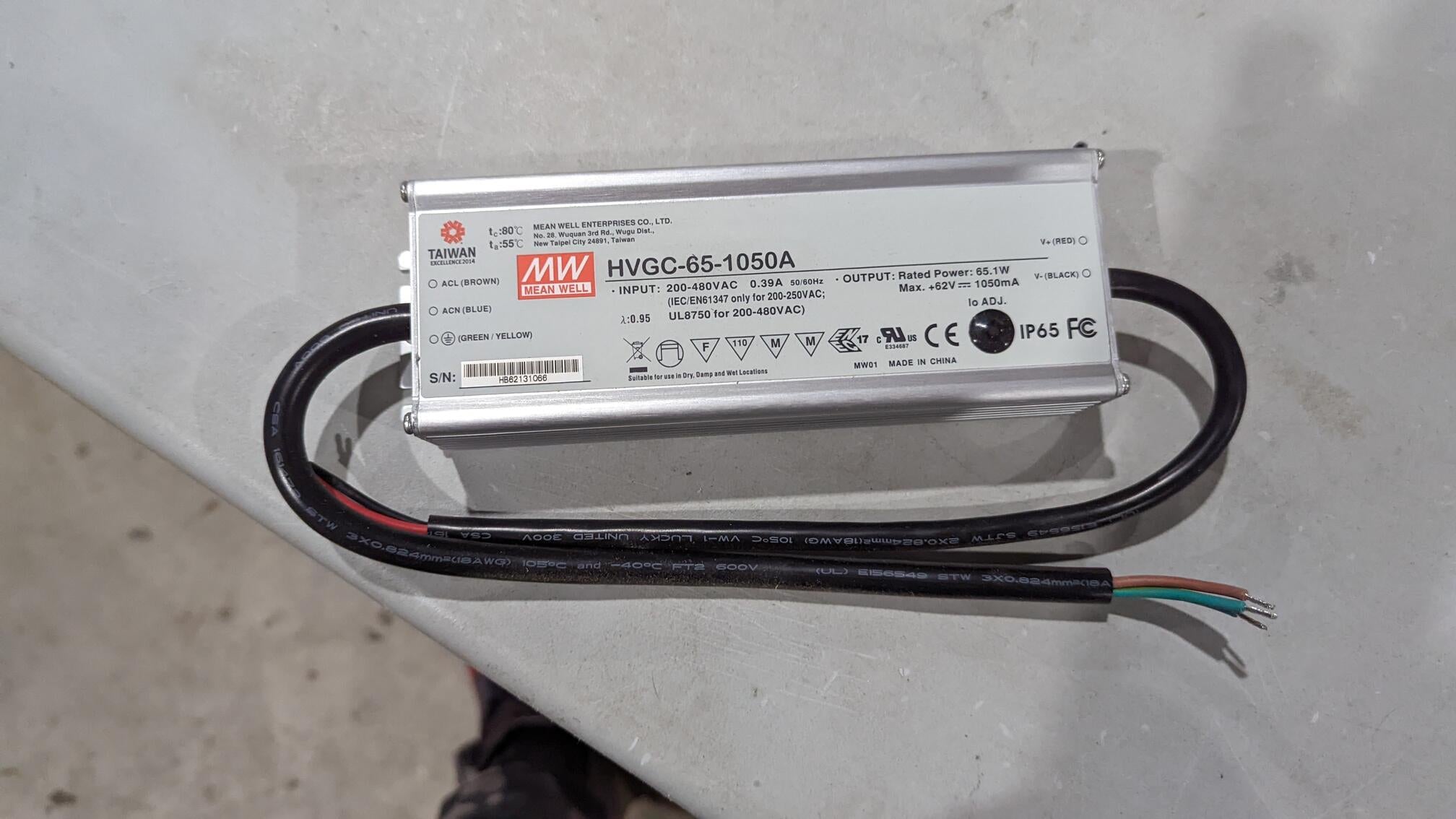 LED Driver Meanwell 200-480VAC 6-62VDC 65W 1.50A Non-Dimmable IP65