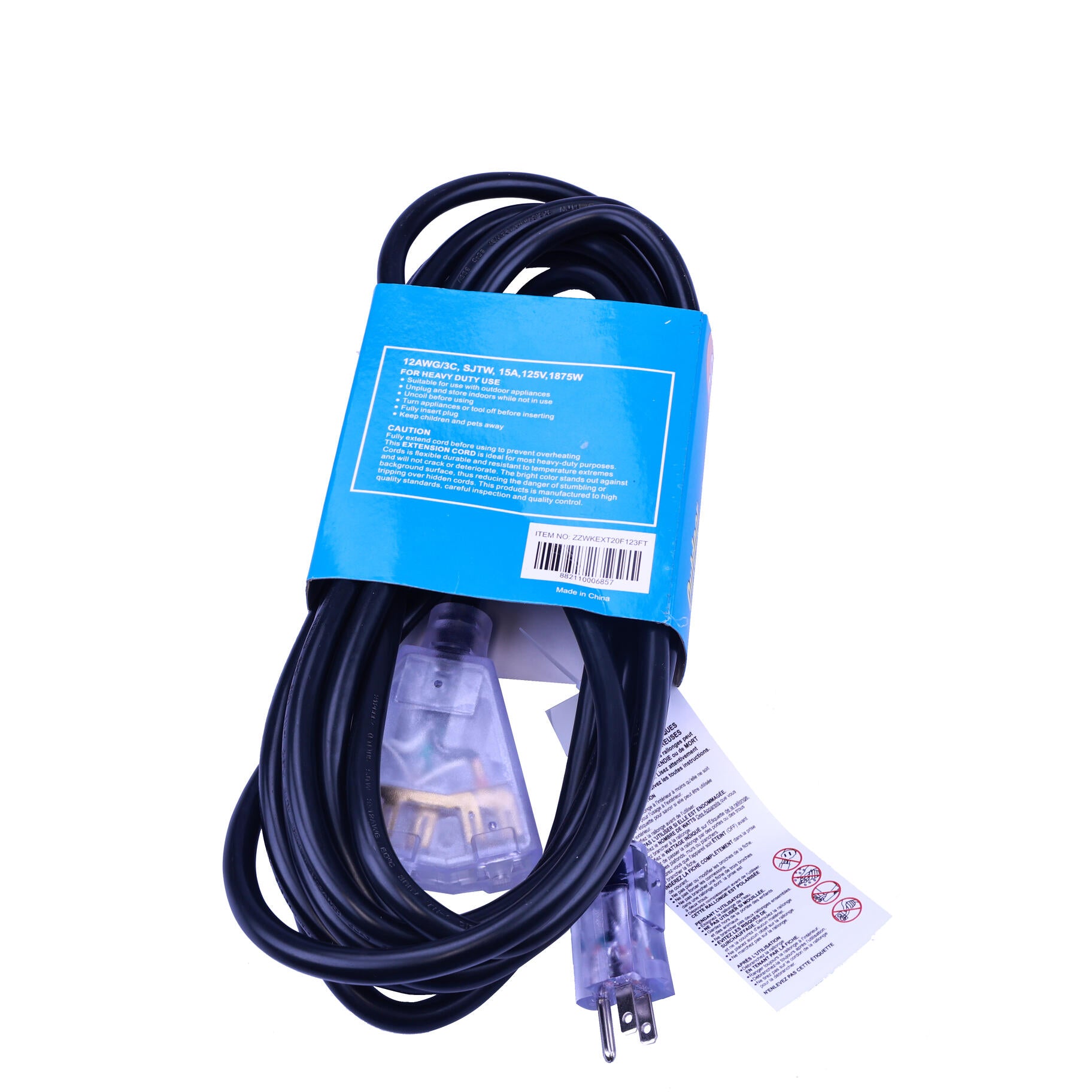 Rallonge noire de 6 m 12/3 125V 15A 1875W tri-tap éclairé