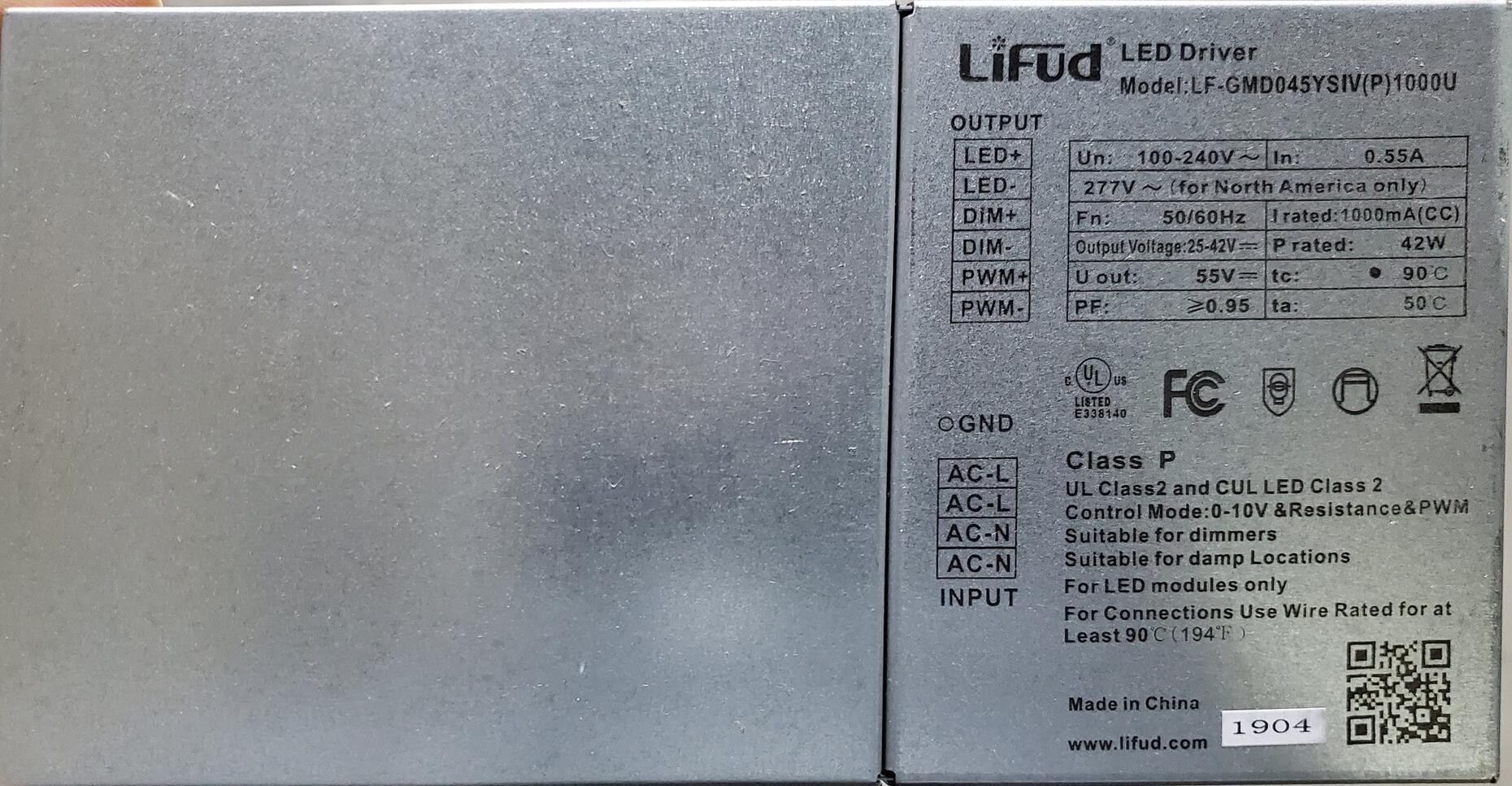 LED Driver Lifud 100-277VAC 25-42VDC 42W 1.30A Dimmable 1-10VDC UL Dry and Damp