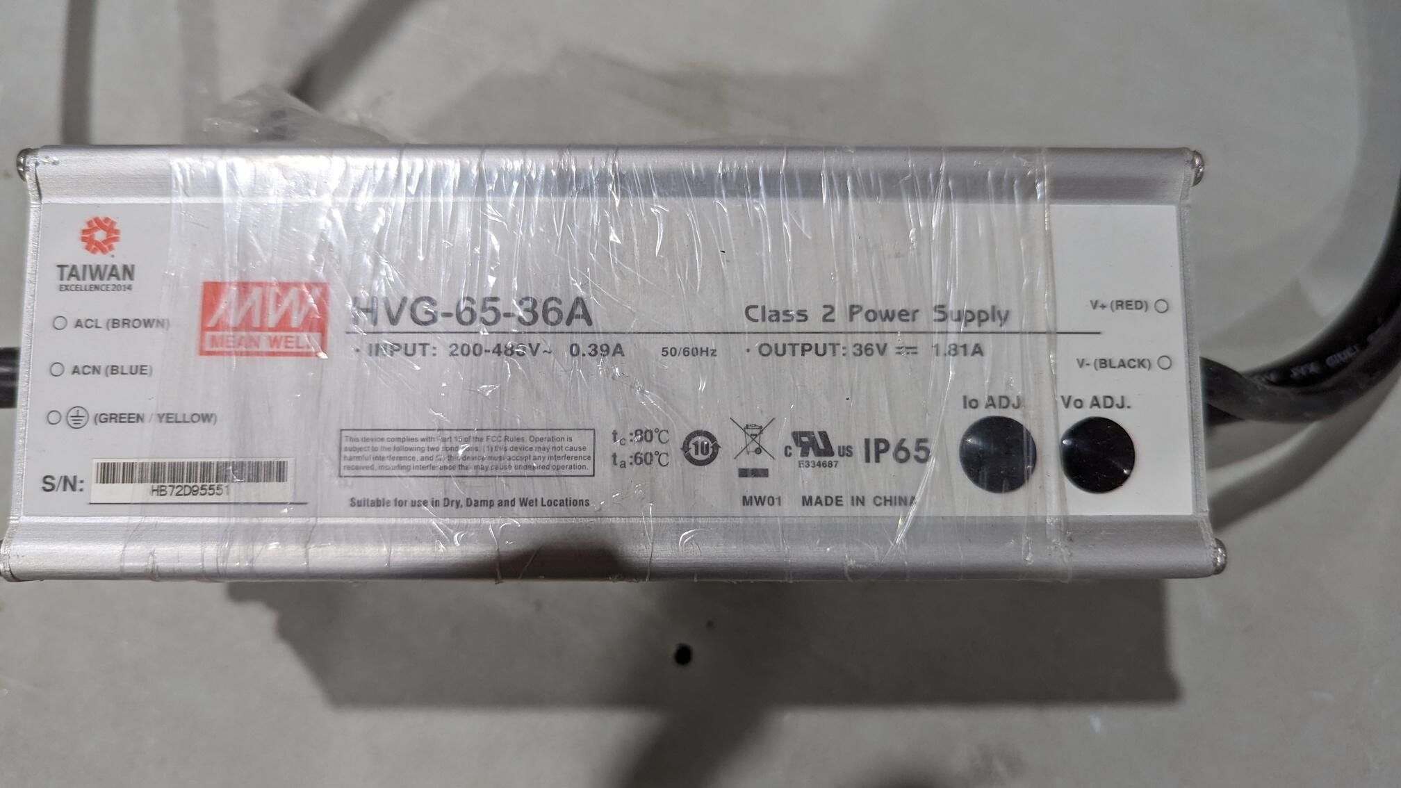 LED Driver Meanwell 200-480VAC 22-36VDC 65W 1.81A Non-Dimmable IP65