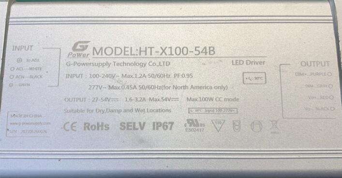 LED Driver HT 120-277VAC 27-54VDC 100W 1.5-3.0A Dimmable 1-10VDC UL Dry and Damp