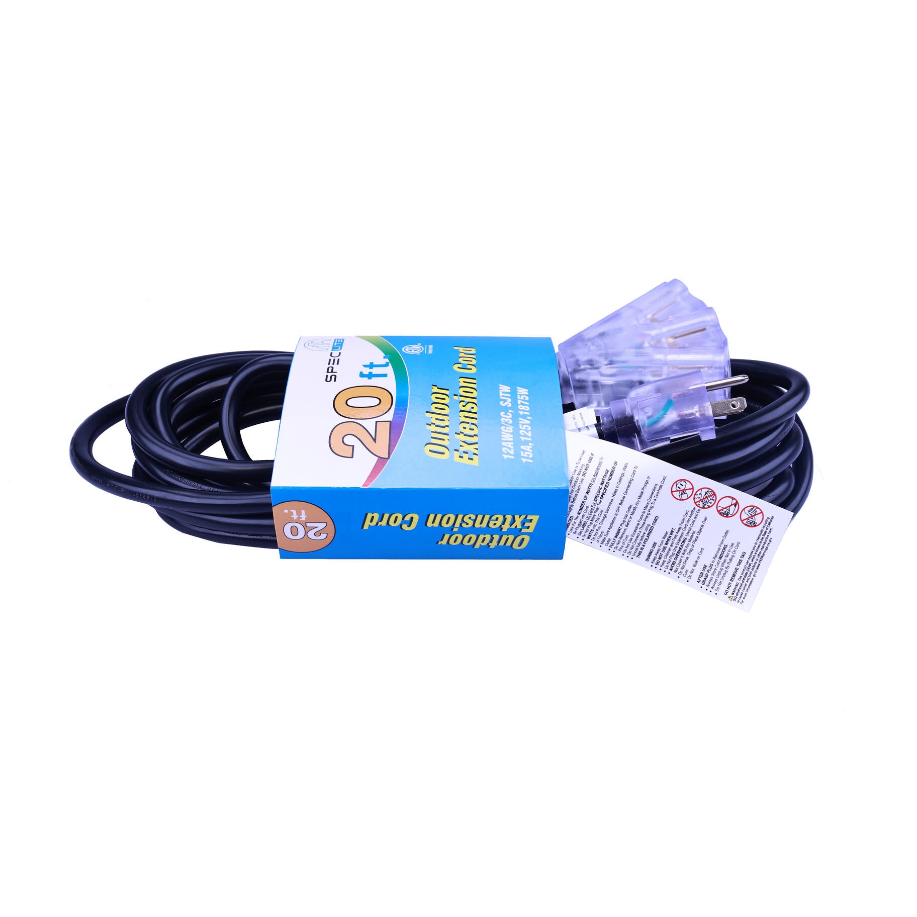 Work Light Accessories - 20ft black extension cord 12/3 125V 15A 1875W tri-tap lighted