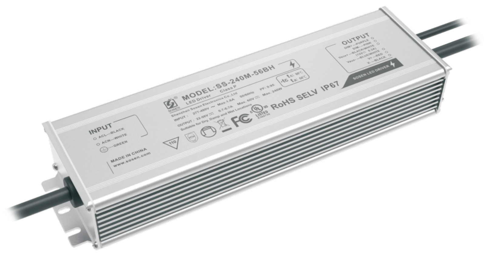 LED Driver Sosen 277-480VAC 22-56VDC 240W 6.7A  Dimmable 0-10VDC UL