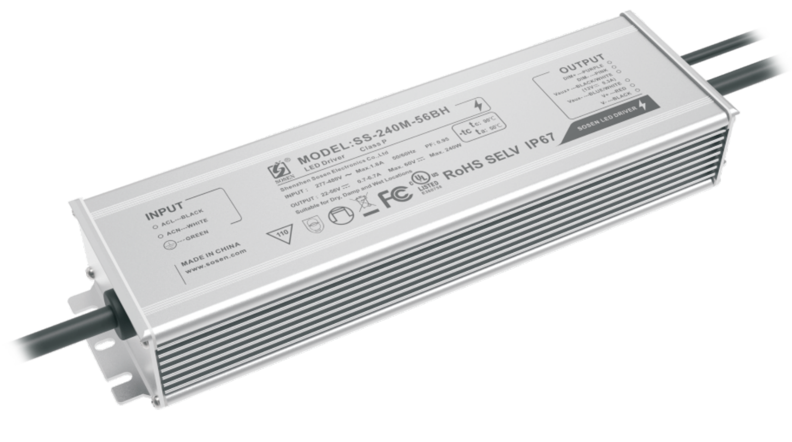 LED Driver Sosen 277-480VAC 22-56VDC 240W 6.7A  Dimmable 0-10VDC UL