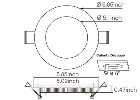 Panneau mince 6 po 12 W 120 V 30-40-50 K blanc givré, intensité variable, TRIAC