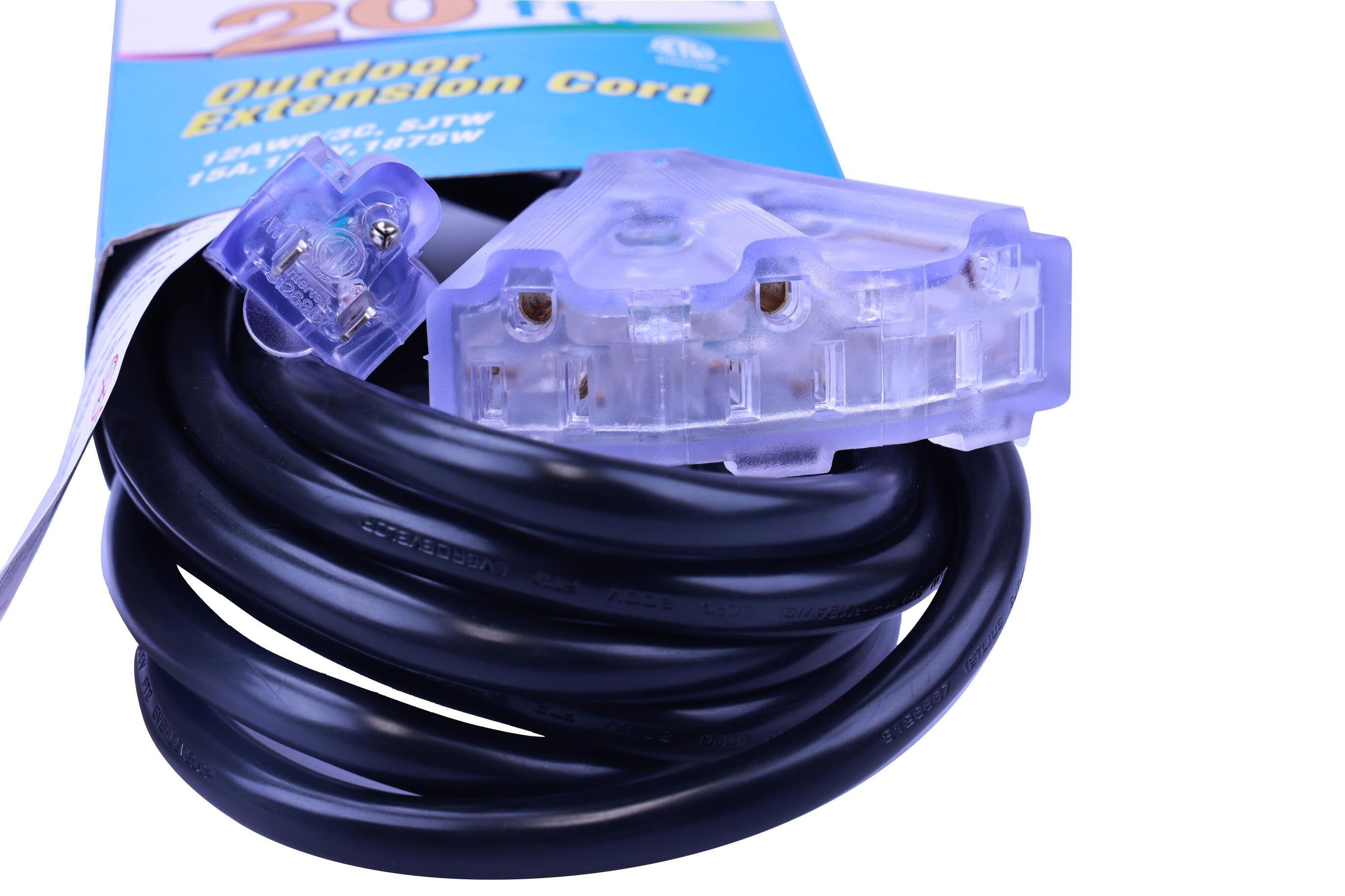 Rallonge noire de 6 m 12/3 125V 15A 1875W tri-tap éclairé
